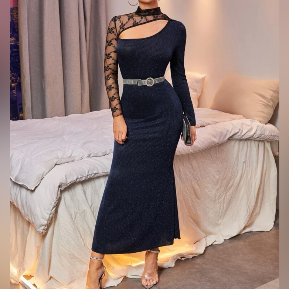 “Contrast Bow Print Mesh Mock Neck Cut Out Glitter Dress Without Belt”